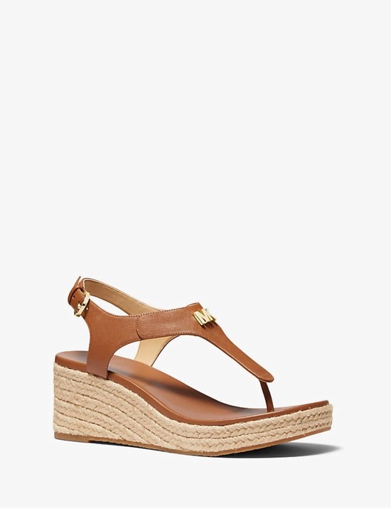 MICHAEL Michael Kors Shoes - Michael Kors “Laney” brown vegan leather jute thong MK logo wedge sandals 8